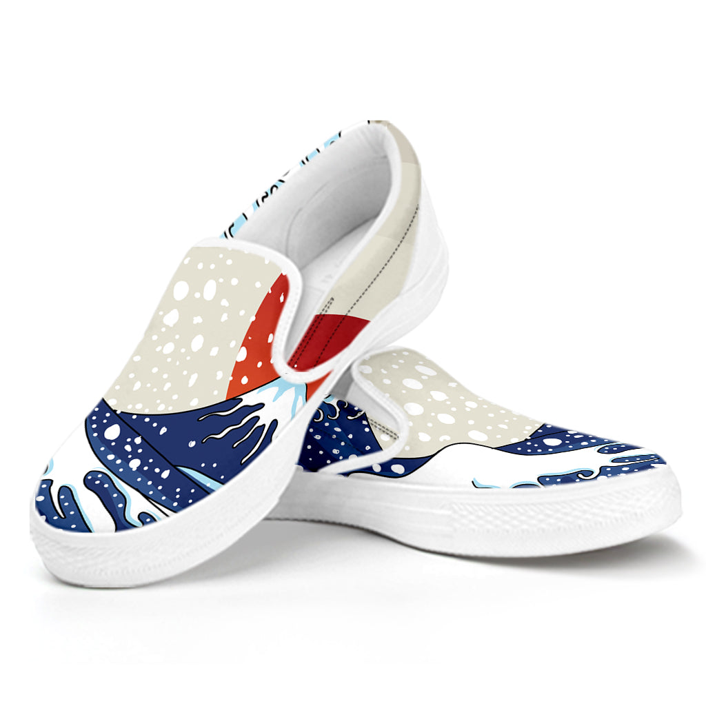 Ancient Great Japanese Wave Print White Slip On Shoes