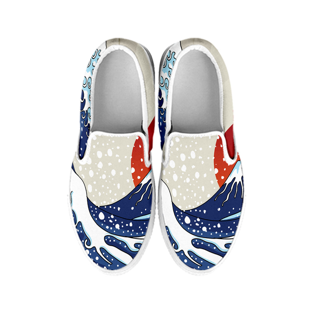 Ancient Great Japanese Wave Print White Slip On Shoes