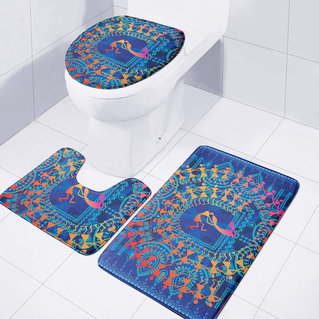 Ancient Indian Warli Tribal Print 3 Piece Bath Mat Set