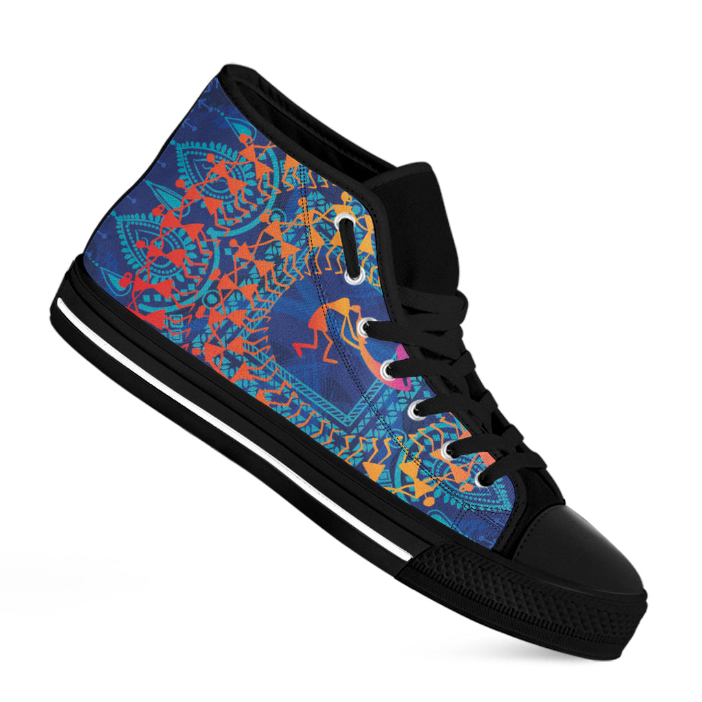 Ancient Indian Warli Tribal Print Black High Top Shoes