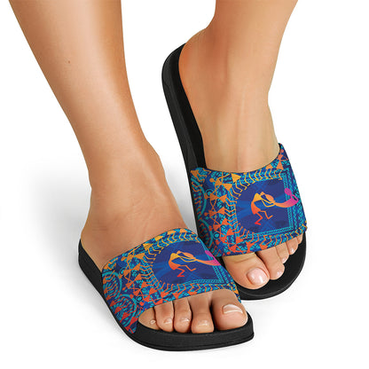 Ancient Indian Warli Tribal Print Black Slide Sandals