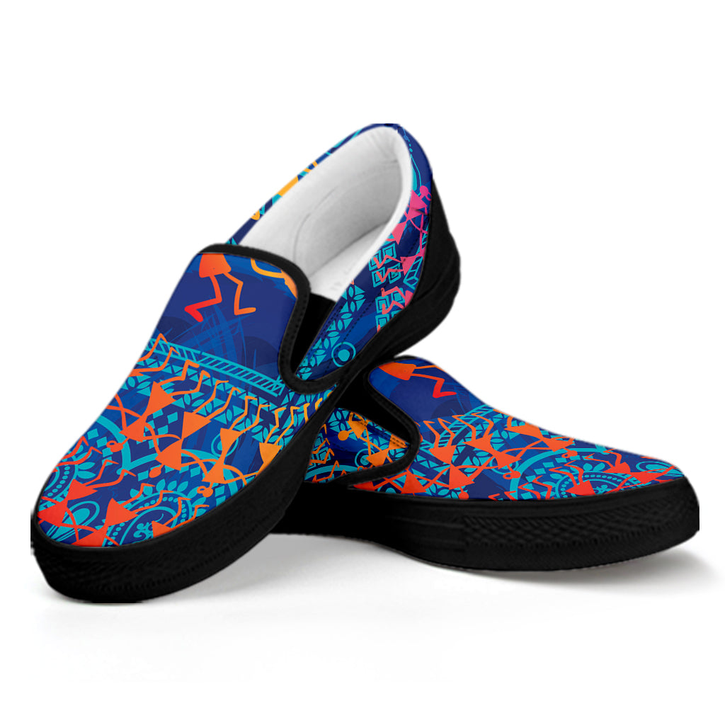 Ancient Indian Warli Tribal Print Black Slip On Shoes
