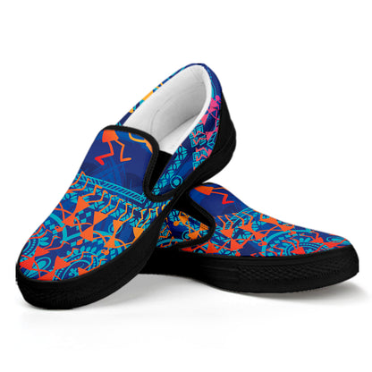 Ancient Indian Warli Tribal Print Black Slip On Shoes