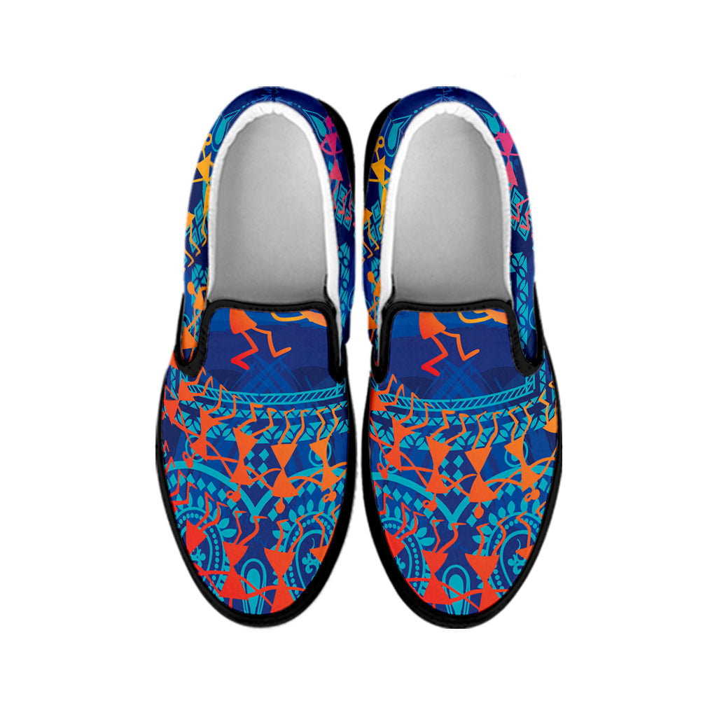 Ancient Indian Warli Tribal Print Black Slip On Shoes