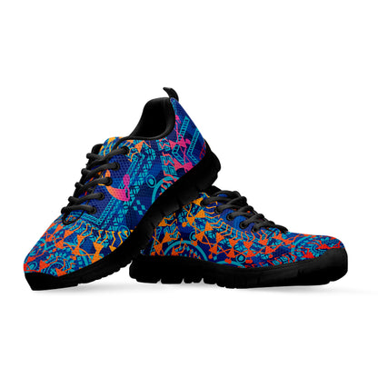 Ancient Indian Warli Tribal Print Black Sneakers