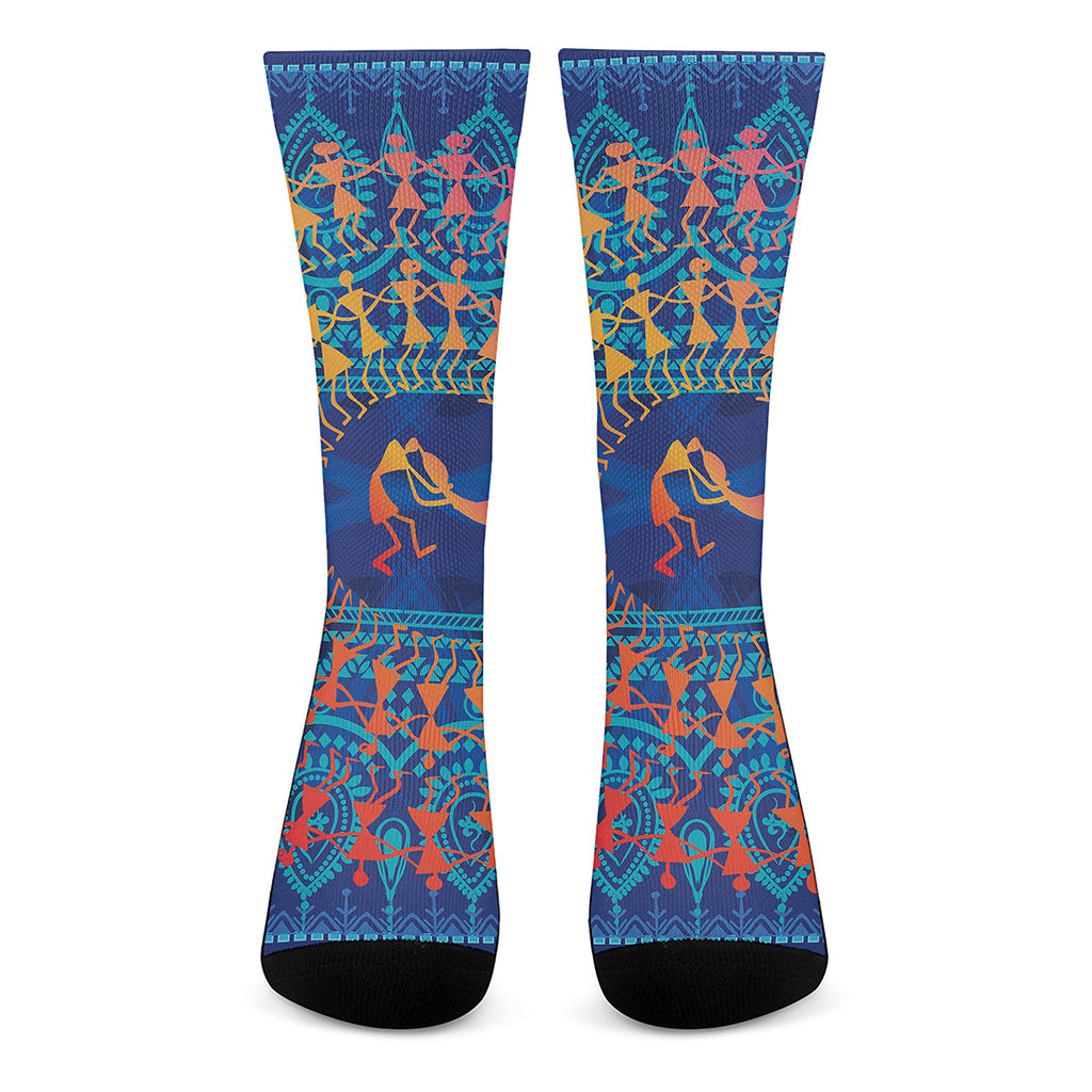 Ancient Indian Warli Tribal Print Crew Socks