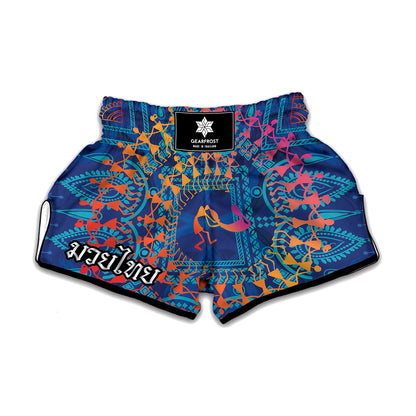 Ancient Indian Warli Tribal Print Muay Thai Boxing Shorts