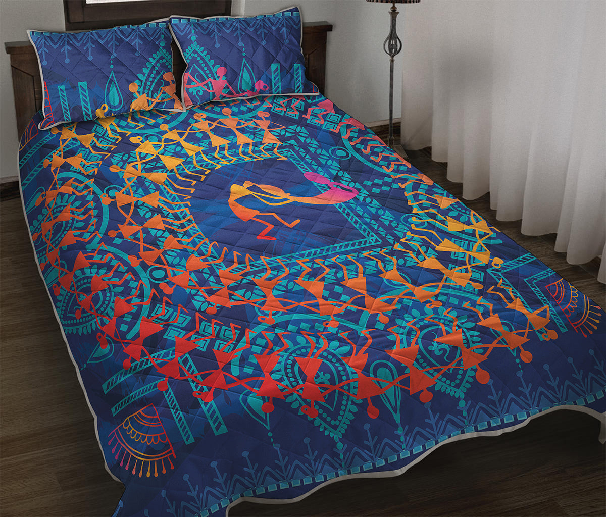 Ancient Indian Warli Tribal Print Quilt Bed Set