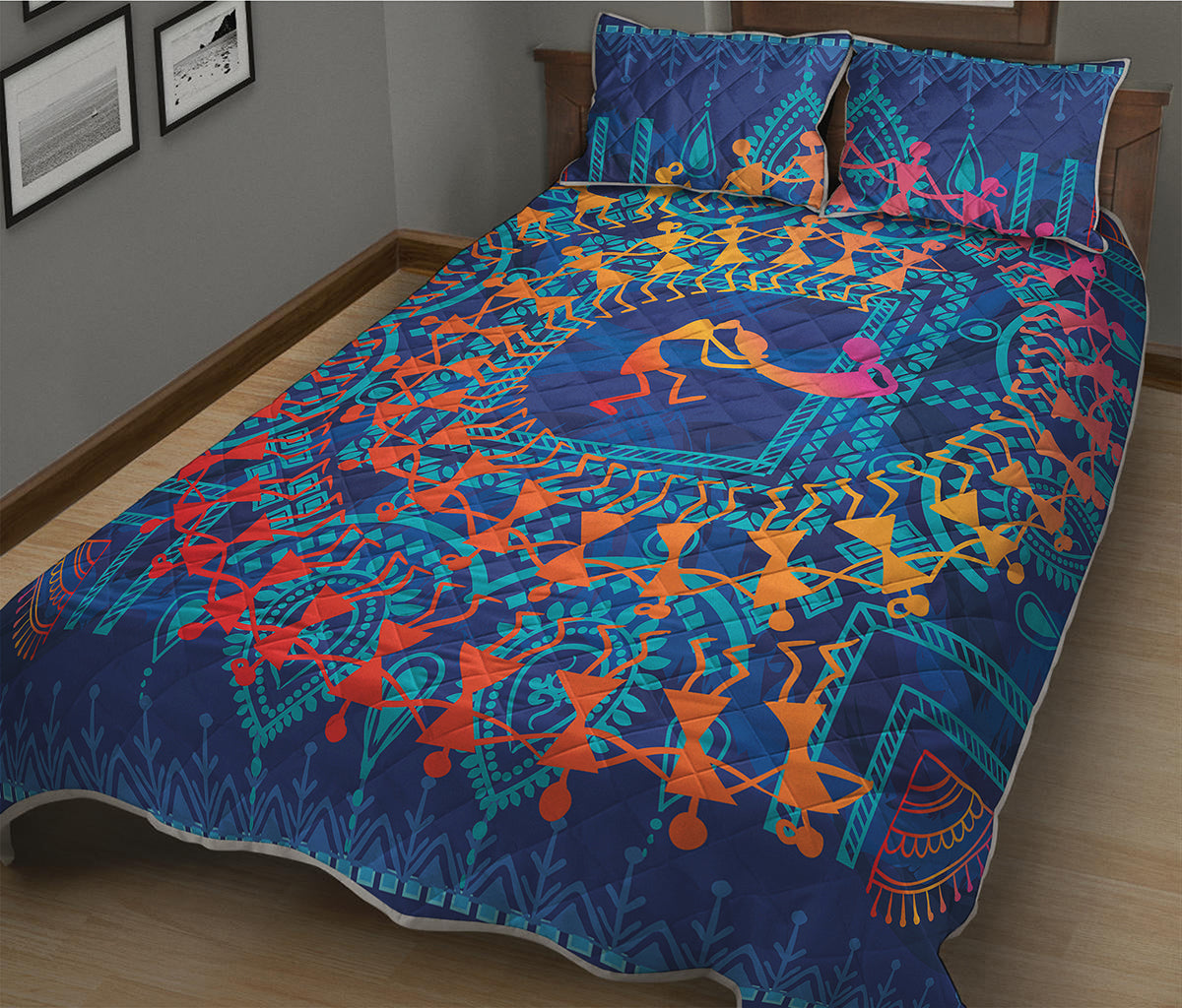 Ancient Indian Warli Tribal Print Quilt Bed Set