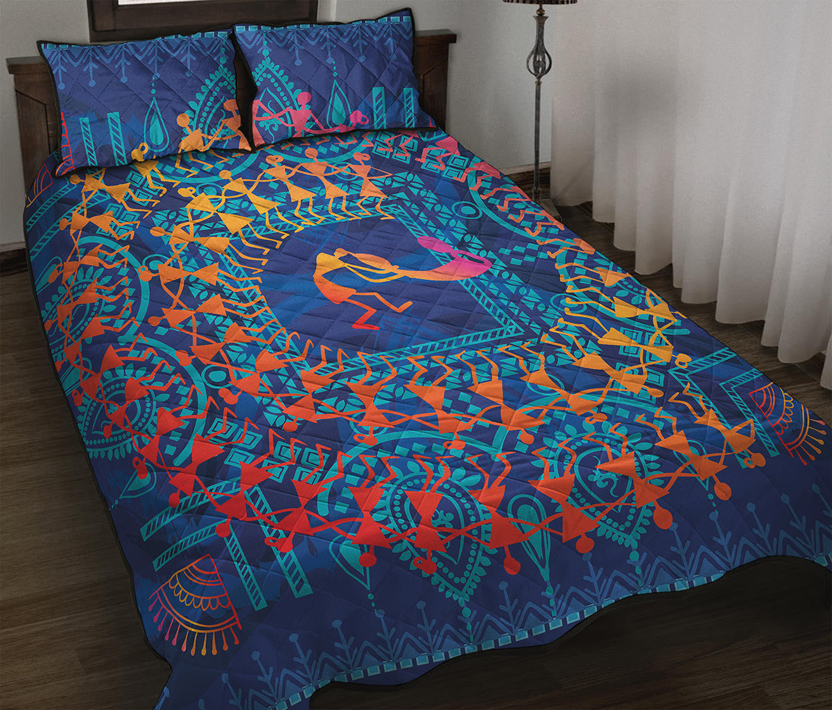 Ancient Indian Warli Tribal Print Quilt Bed Set