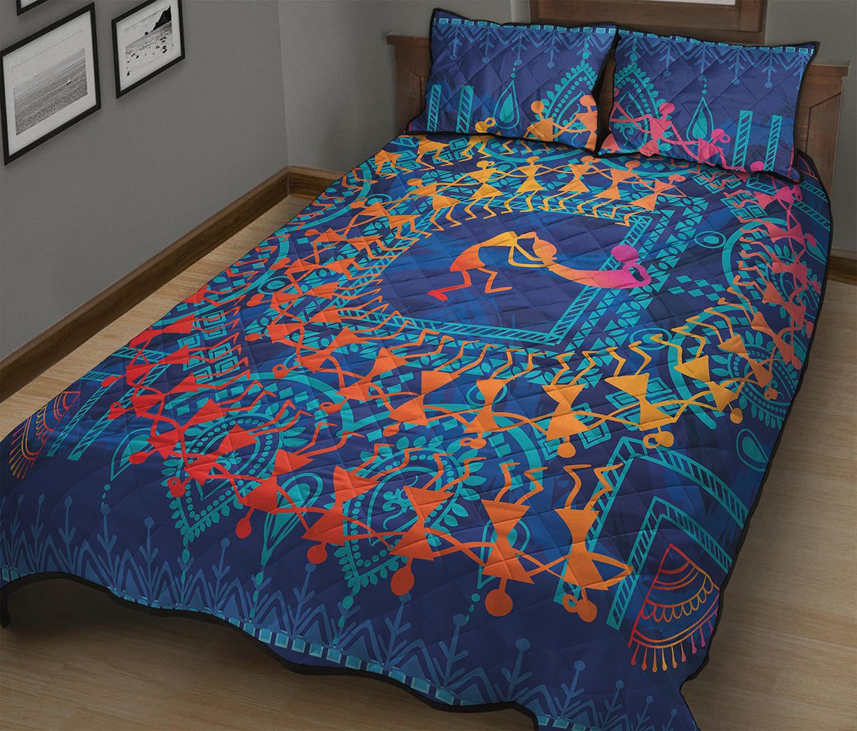Ancient Indian Warli Tribal Print Quilt Bed Set