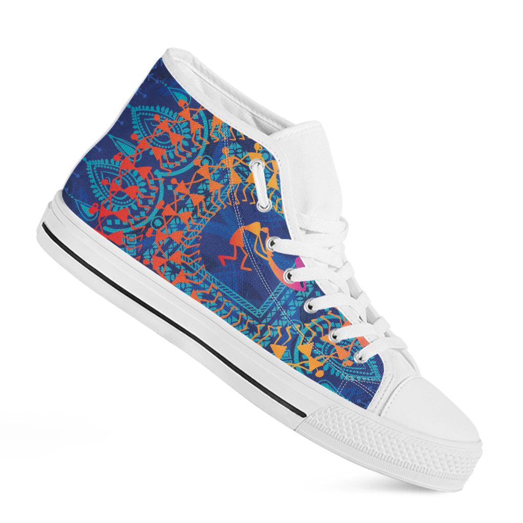 Ancient Indian Warli Tribal Print White High Top Shoes