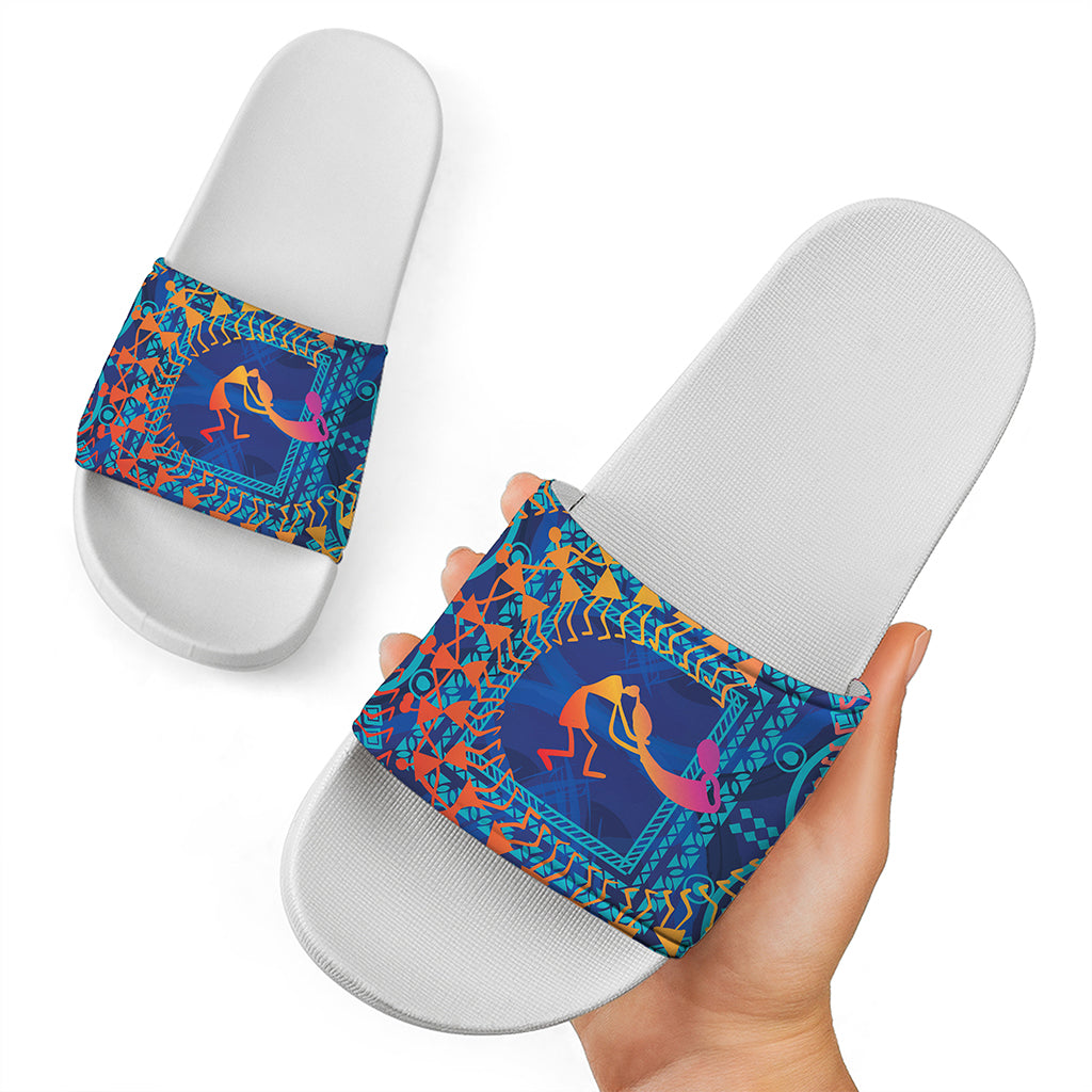 Ancient Indian Warli Tribal Print White Slide Sandals