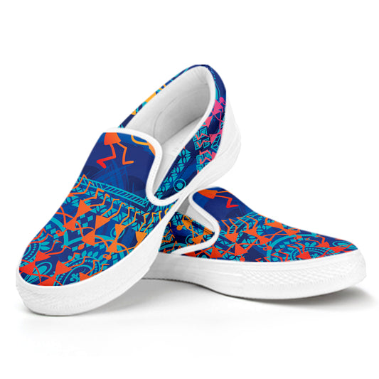 Ancient Indian Warli Tribal Print White Slip On Shoes