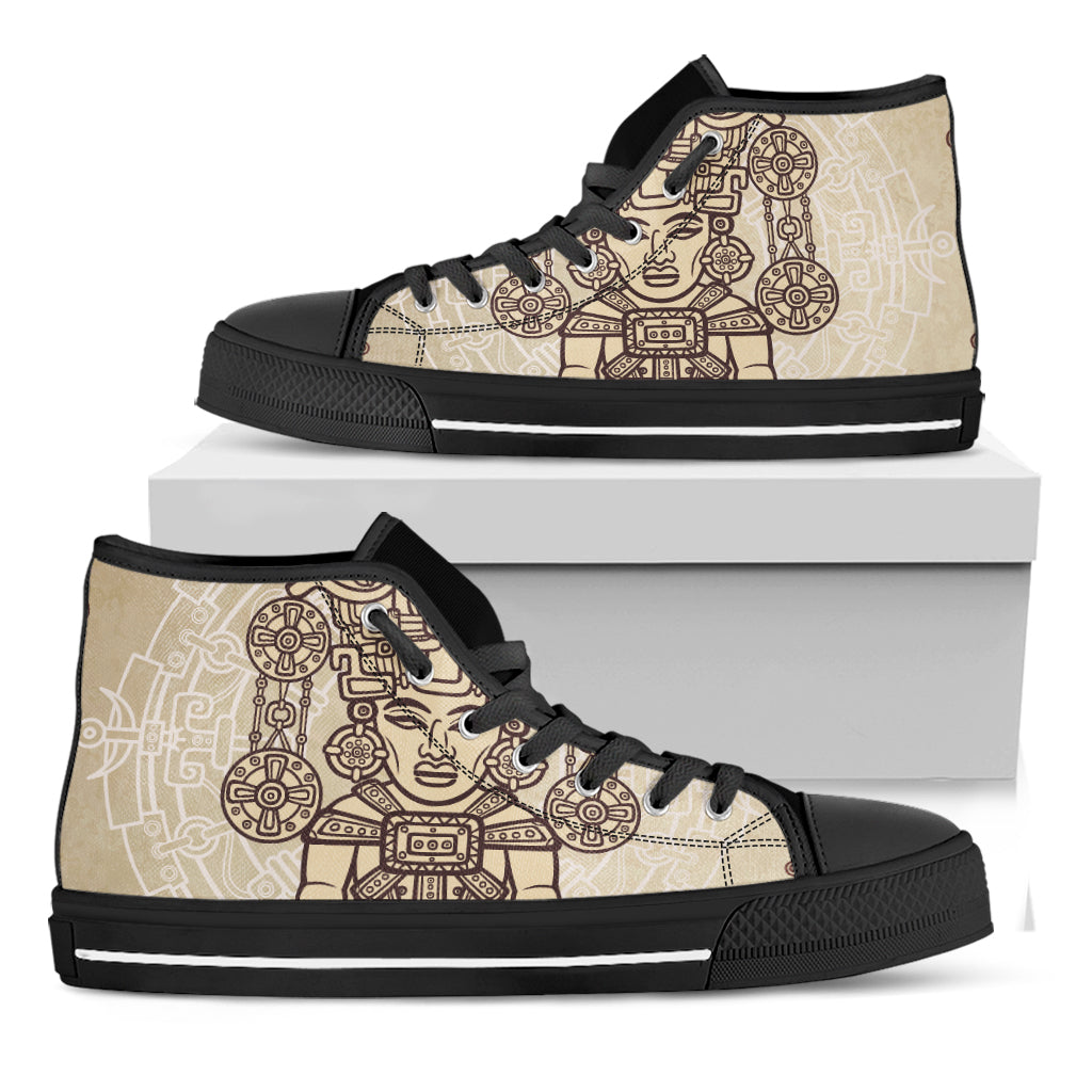 Ancient Mayan Statue Print Black High Top Shoes