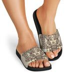 Ancient Mayan Statue Print Black Slide Sandals