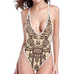 Ancient Mayan Statue Print High Cut One Piece Swimsuit