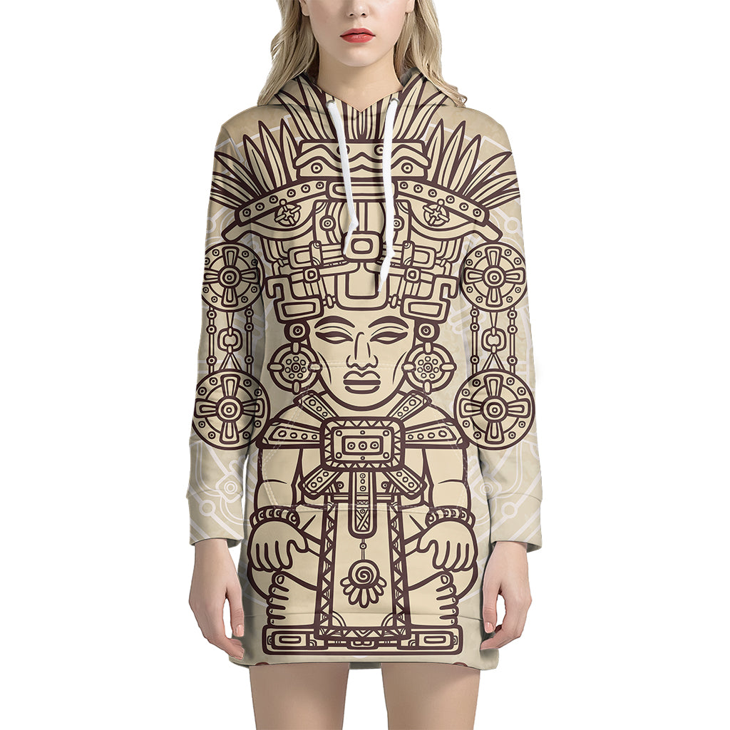 Ancient Mayan Statue Print Pullover Hoodie Dress