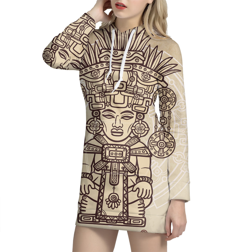 Ancient Mayan Statue Print Pullover Hoodie Dress