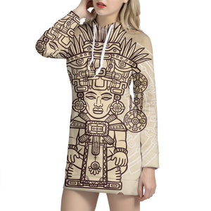 Ancient Mayan Statue Print Pullover Hoodie Dress