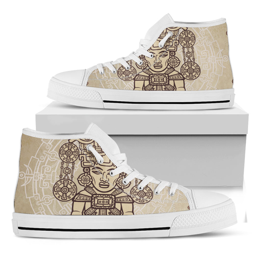 Ancient Mayan Statue Print White High Top Shoes