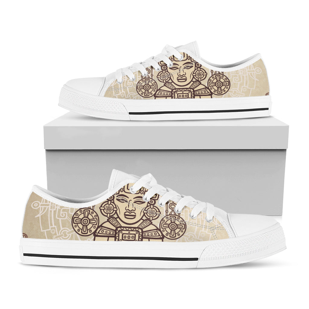 Ancient Mayan Statue Print White Low Top Shoes