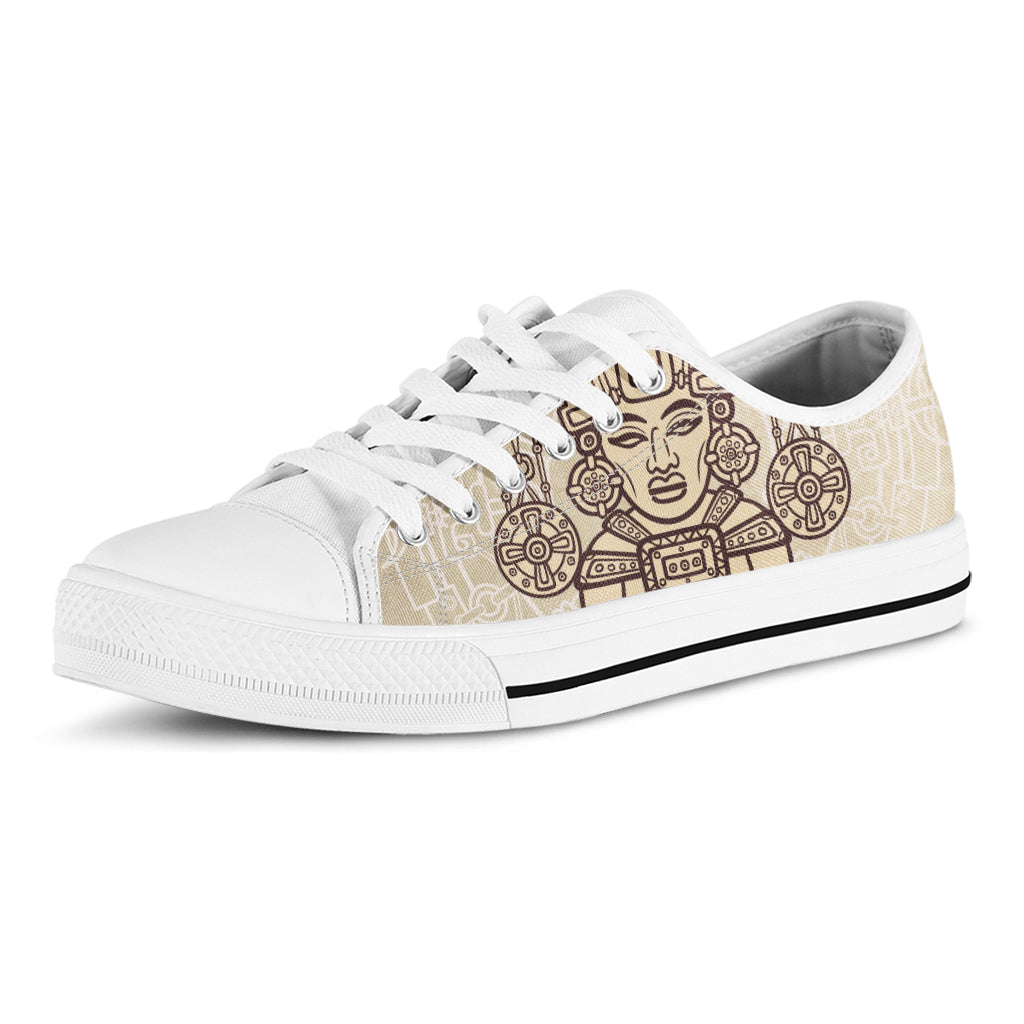Ancient Mayan Statue Print White Low Top Shoes
