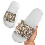 Ancient Mayan Statue Print White Slide Sandals