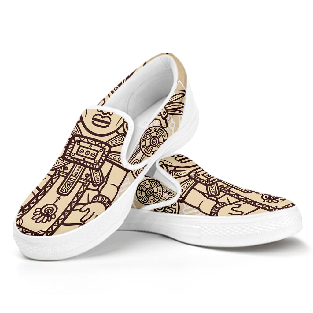 Ancient Mayan Statue Print White Slip On Shoes