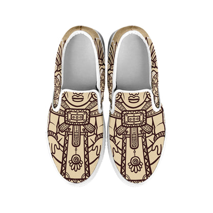 Ancient Mayan Statue Print White Slip On Shoes