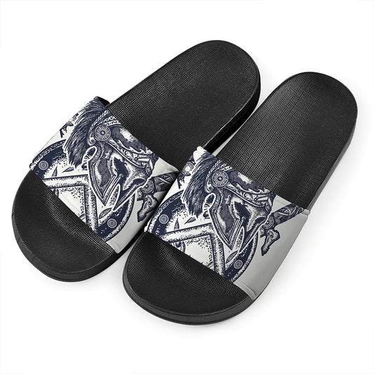 Ancient Spartan Print Black Slide Sandals