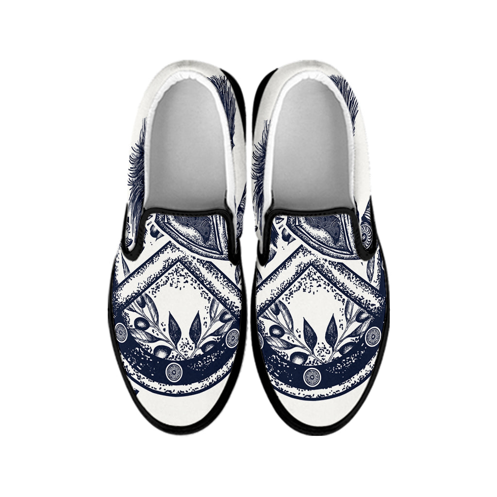Ancient Spartan Print Black Slip On Shoes