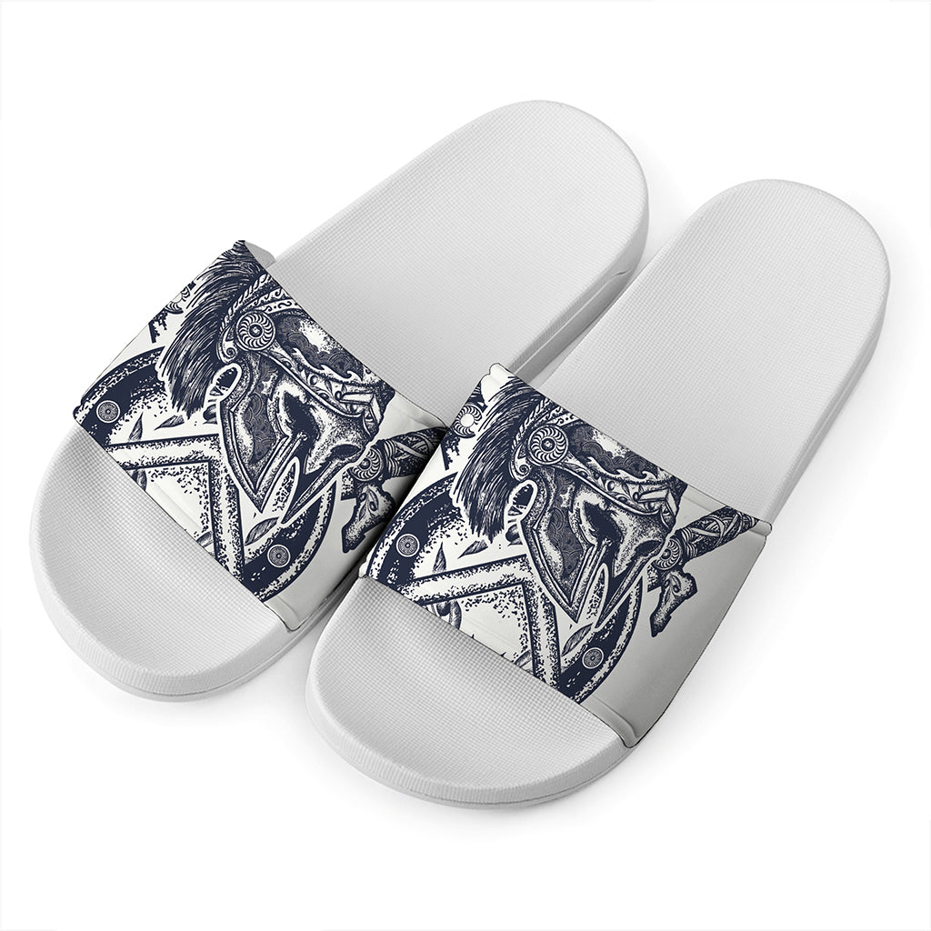 Ancient Spartan Print White Slide Sandals