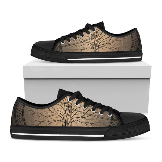 Ancient Yggdrasil Tree Print Black Low Top Shoes 