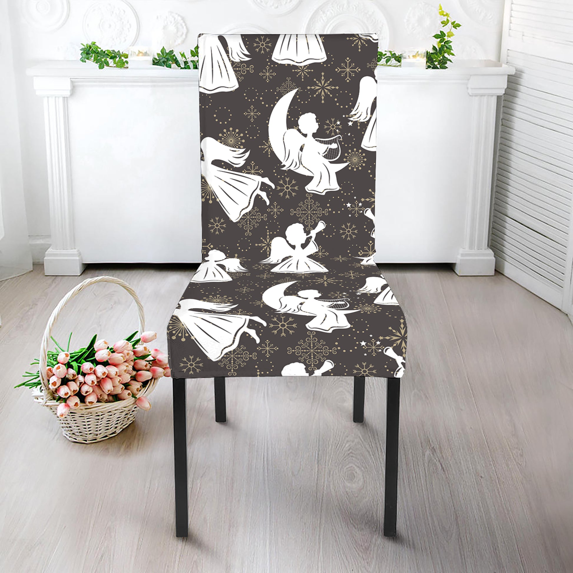 Angel And Snowflake Pattern Print Dining Chair Slipcover