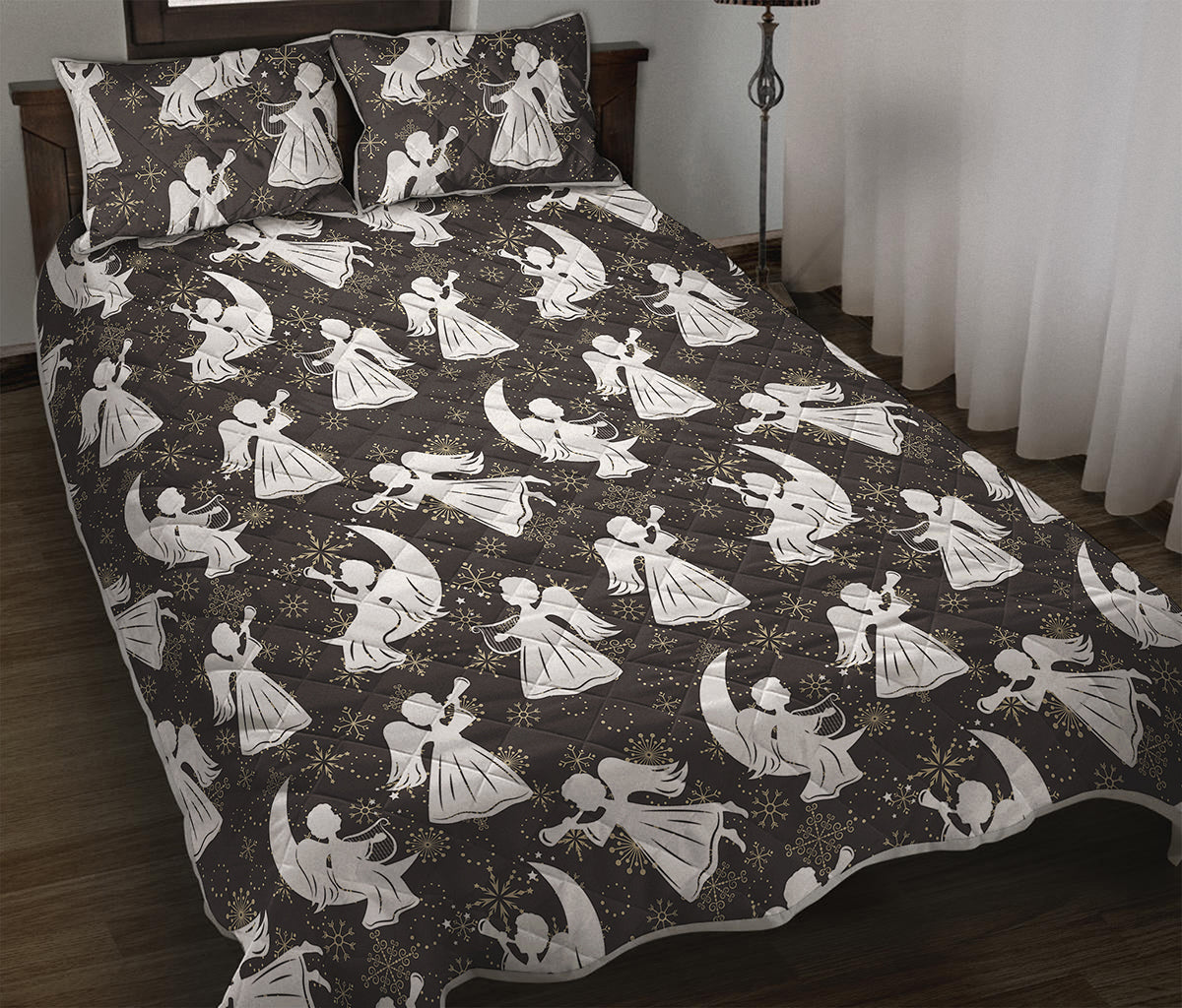 Angel And Snowflake Pattern Print Quilt Bed Set