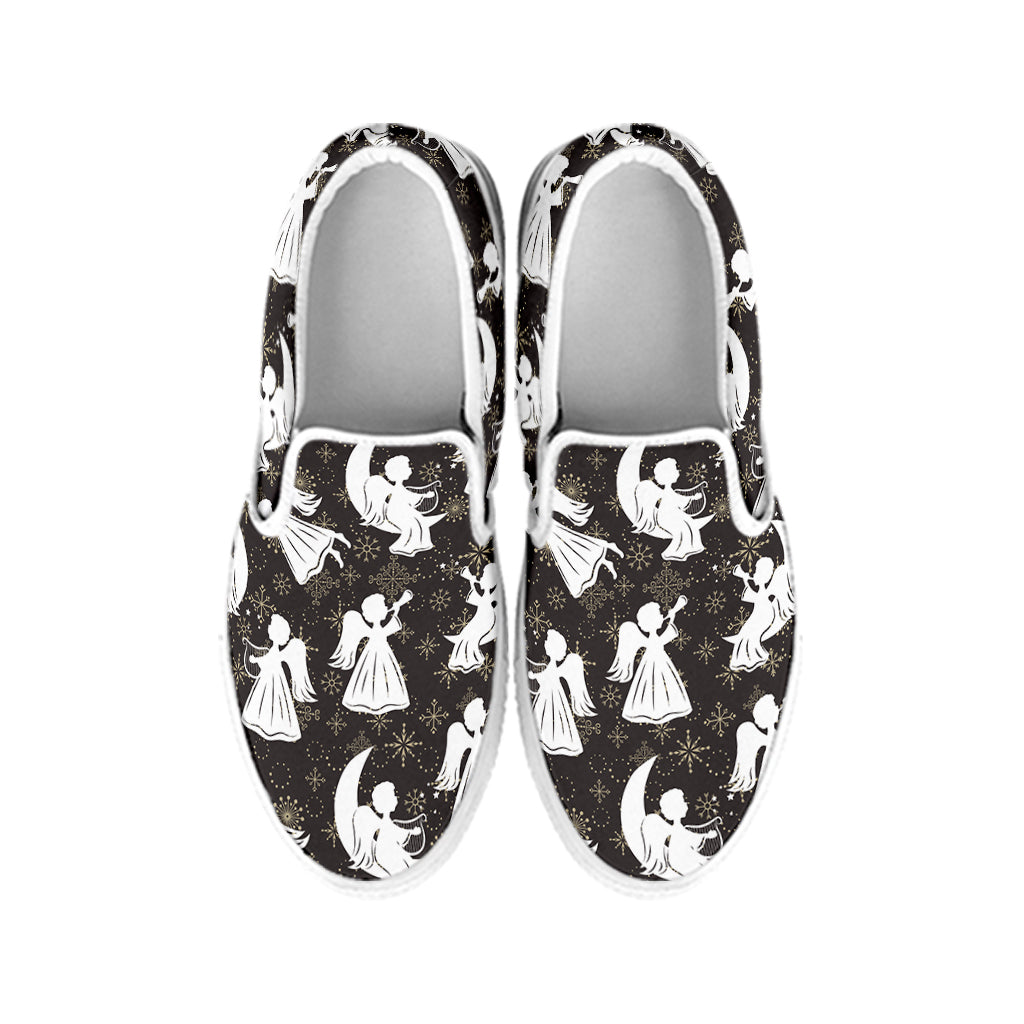 Angel And Snowflake Pattern Print White Slip On Shoes