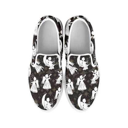 Angel And Snowflake Pattern Print White Slip On Shoes