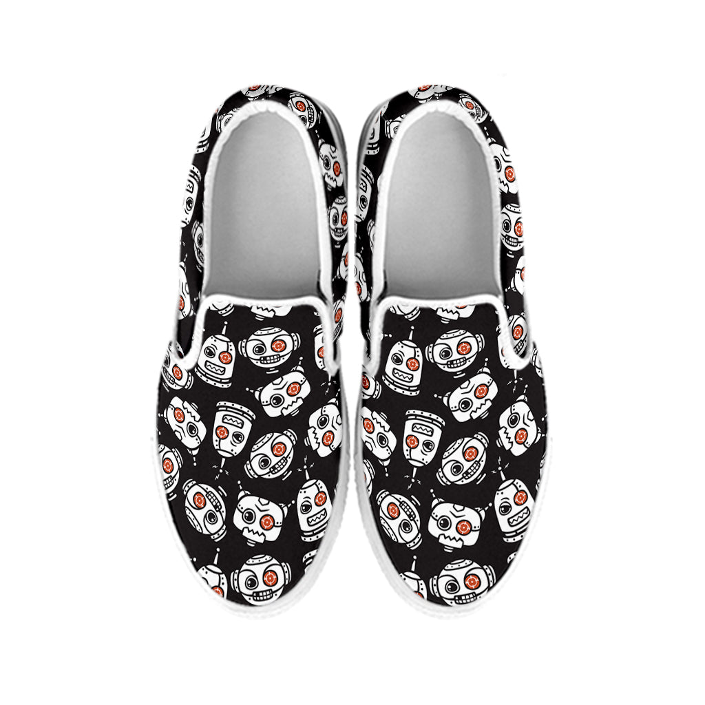 Angry Robot Pattern Print White Slip On Shoes