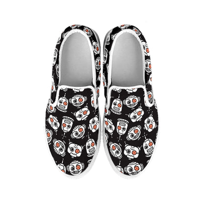 Angry Robot Pattern Print White Slip On Shoes
