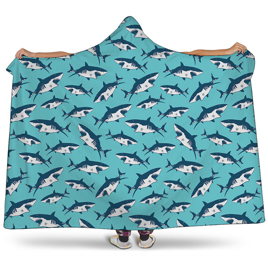 Angry Shark Pattern Print Hooded Blanket