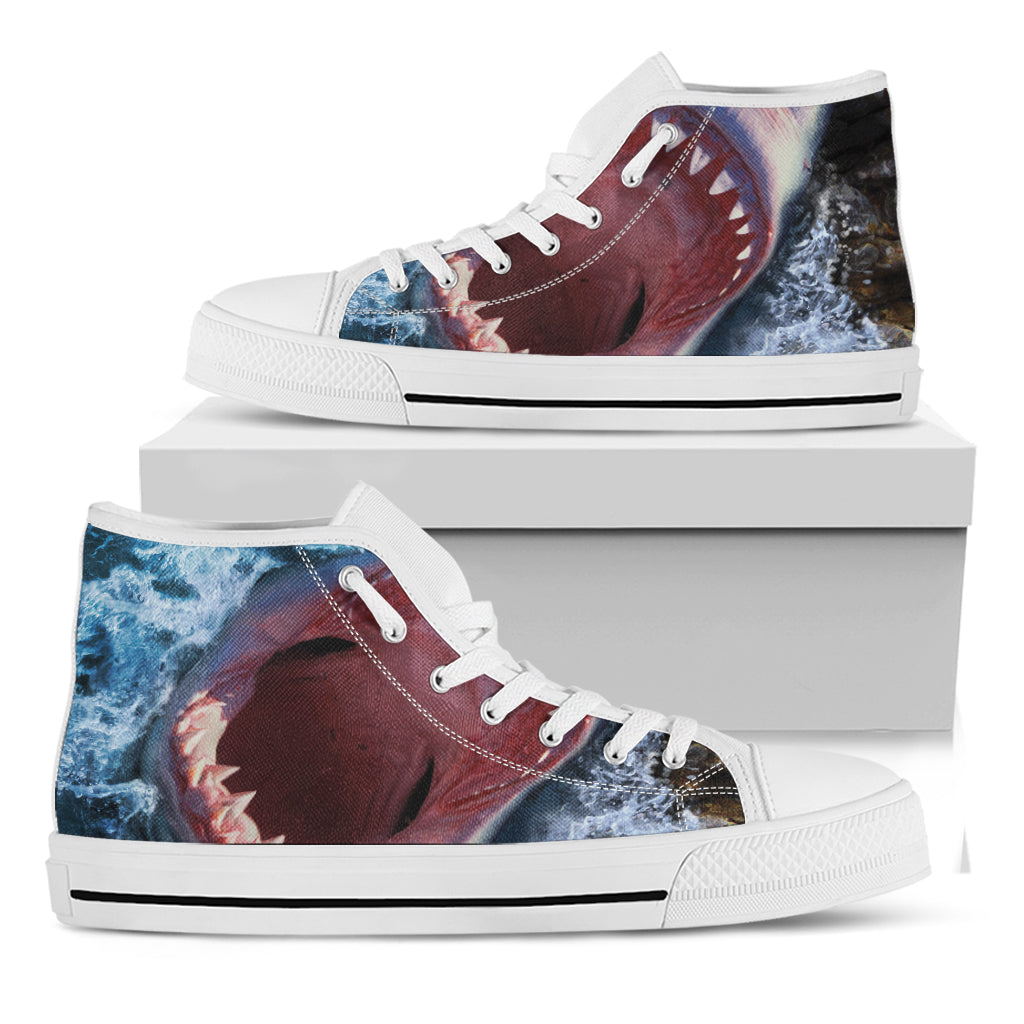 Angry Shark Print White High Top Shoes