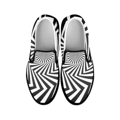 Angular Swirl Motion Illusion Print Black Slip On Shoes