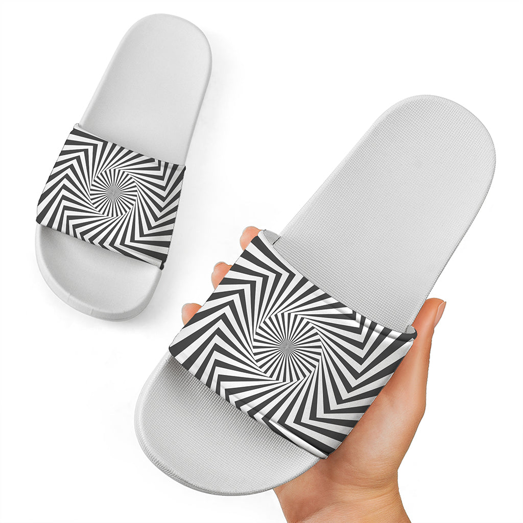 Angular Swirl Motion Illusion Print White Slide Sandals