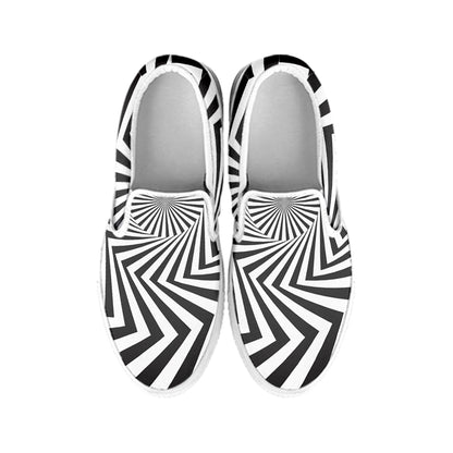 Angular Swirl Motion Illusion Print White Slip On Shoes