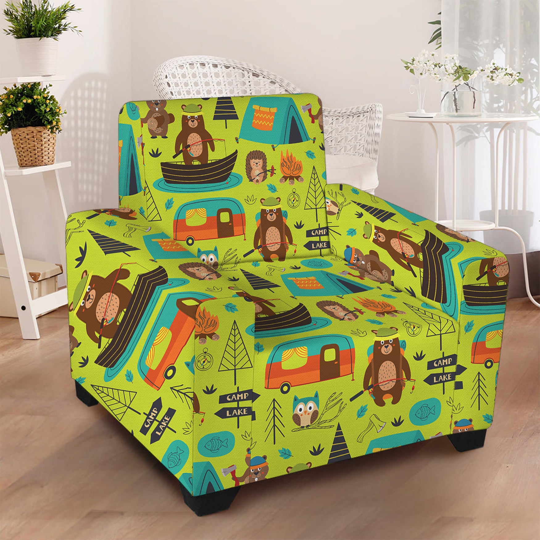 Animal Camping Pattern Print Armchair Slipcover