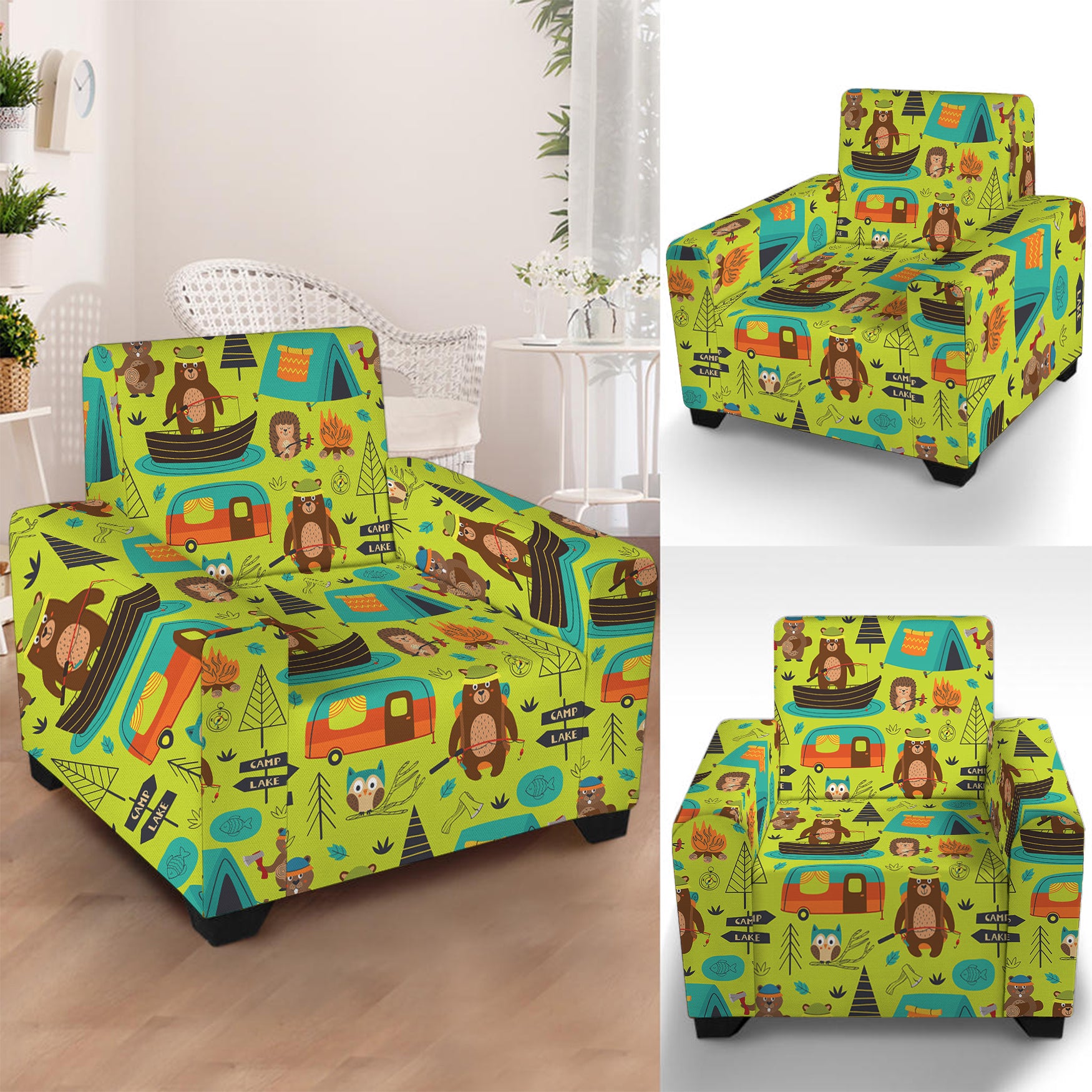 Animal Camping Pattern Print Armchair Slipcover