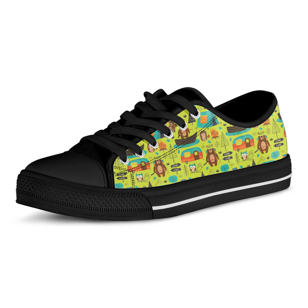 Animal Camping Pattern Print Black Low Top Shoes