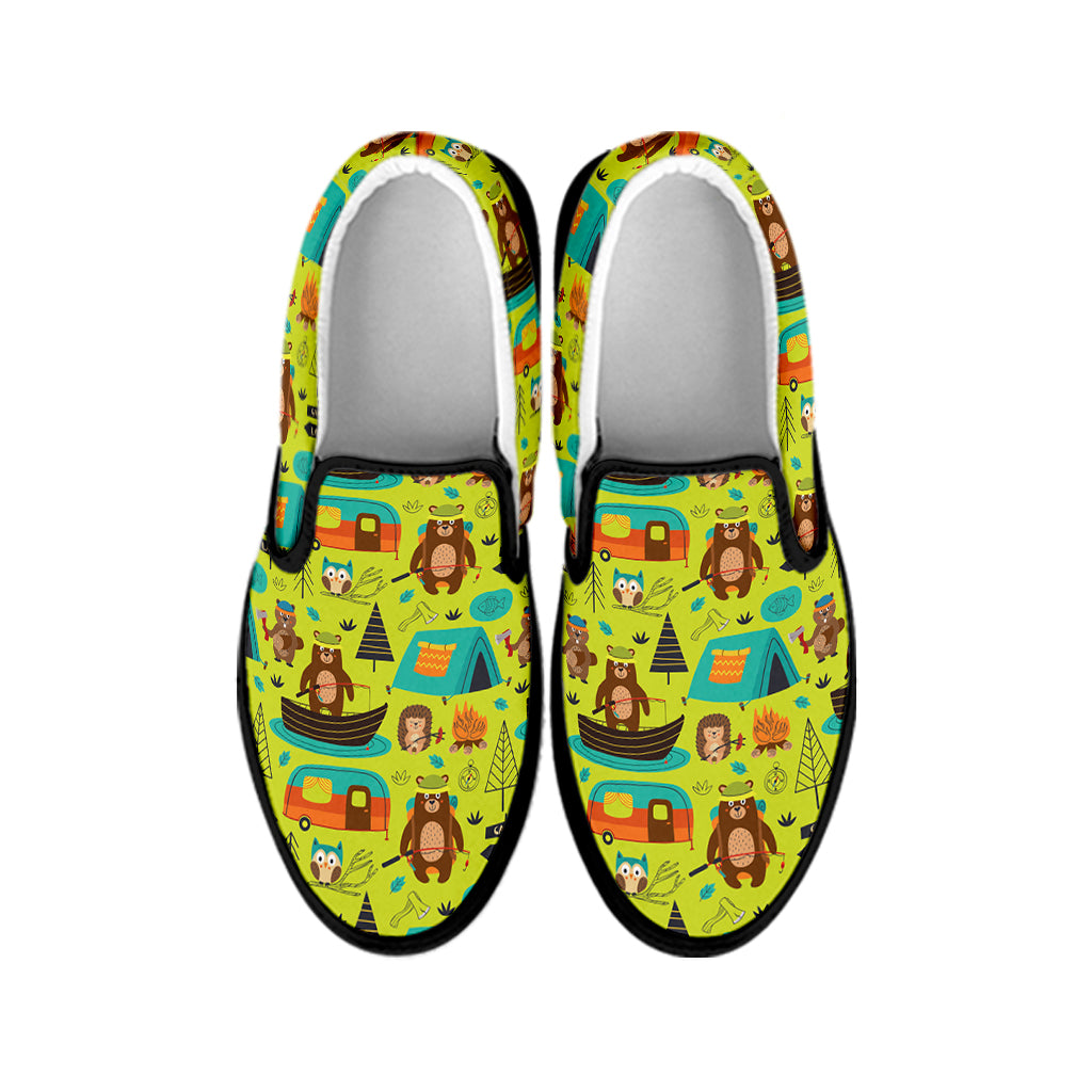 Animal Camping Pattern Print Black Slip On Shoes