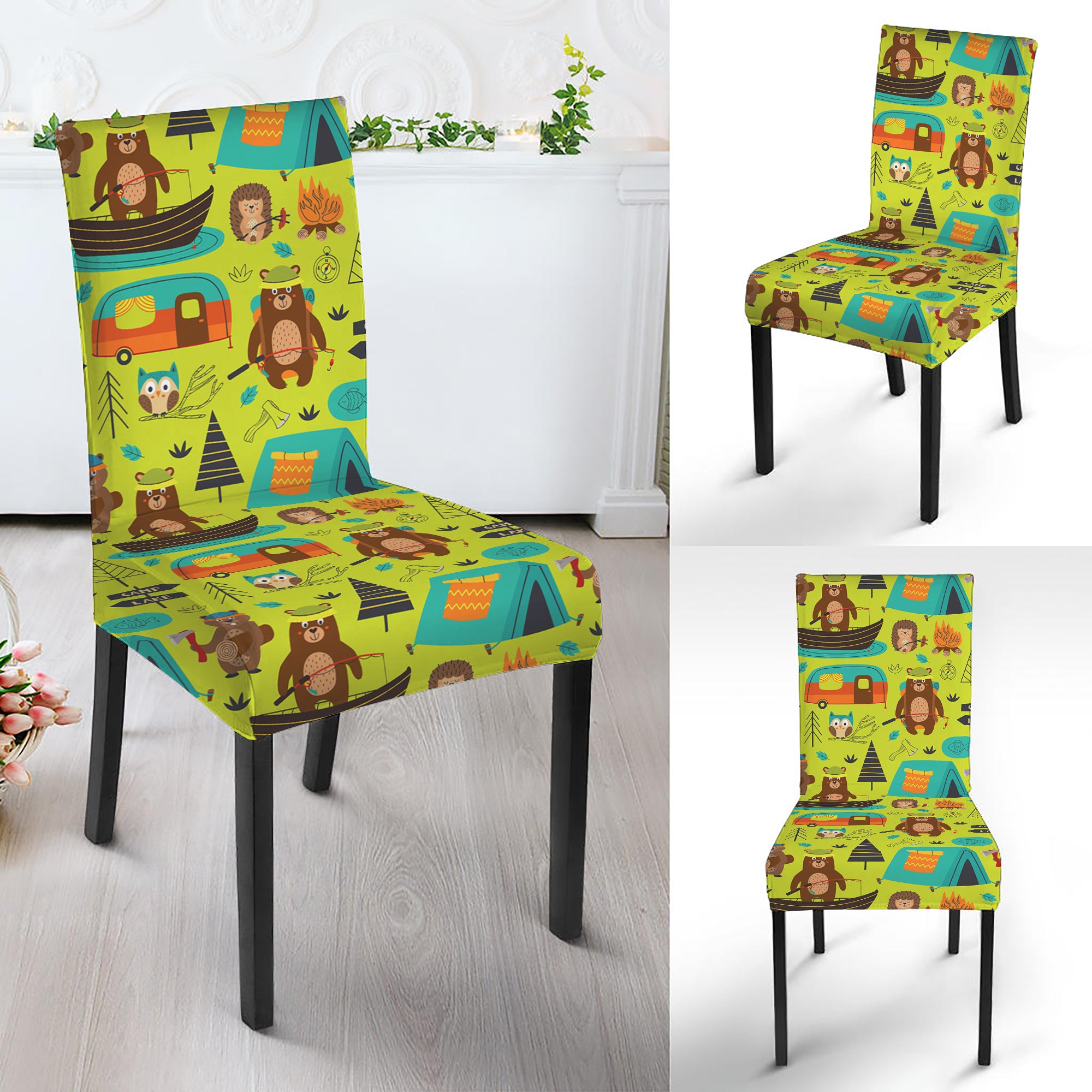 Animal Camping Pattern Print Dining Chair Slipcover